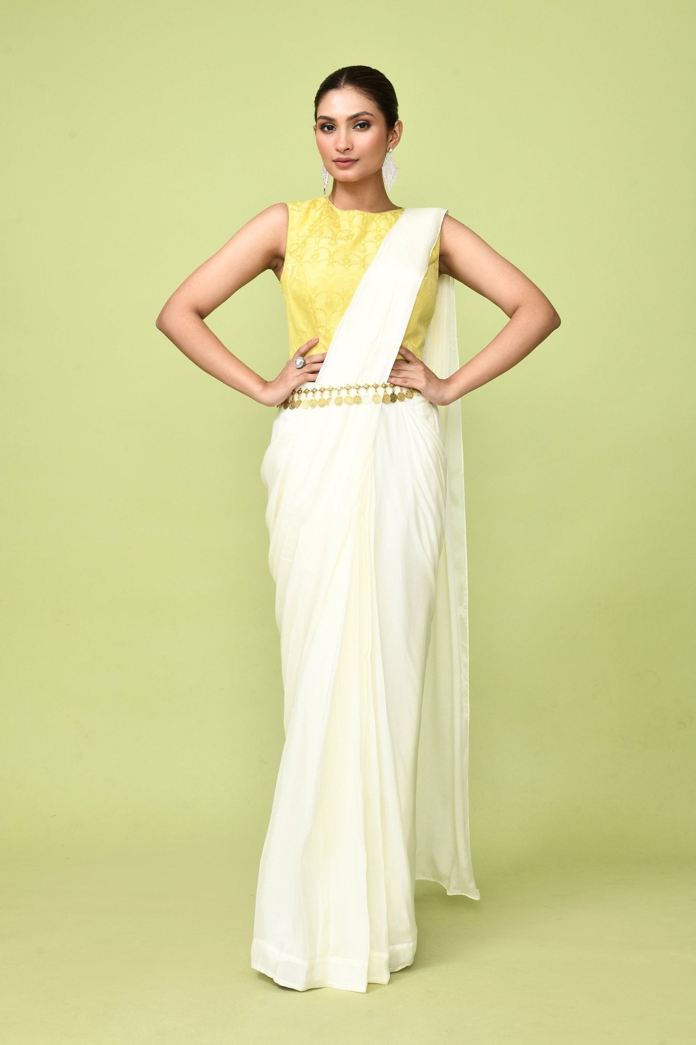 Designer Wear Off White Chinon Chiffon Drape Saree - Simaaya