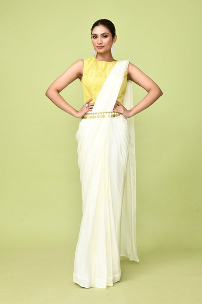 Designer Wear Off White Chinon Chiffon Drape Saree - Simaaya