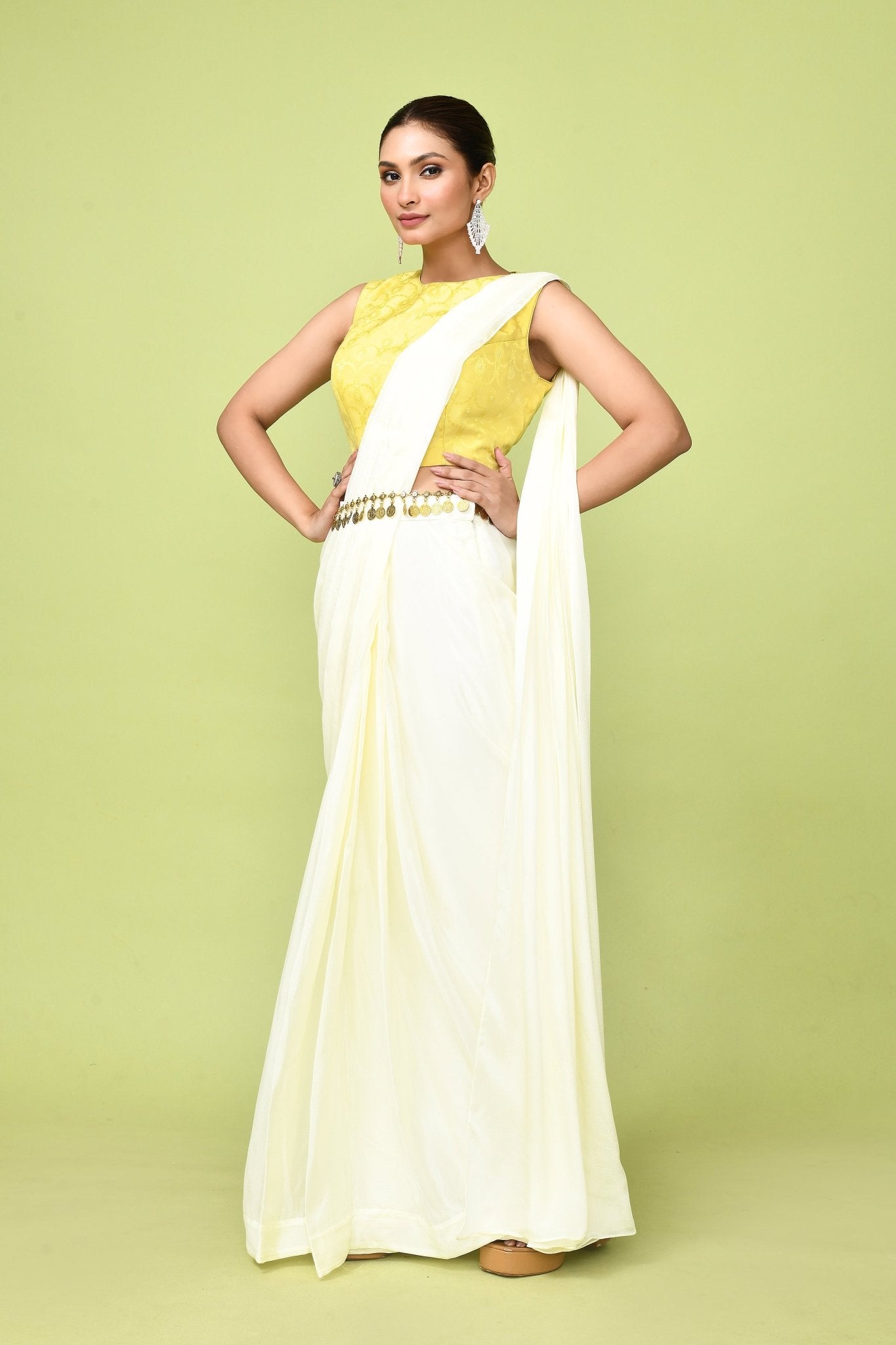 Designer Wear Off White Chinon Chiffon Drape Saree - Simaaya