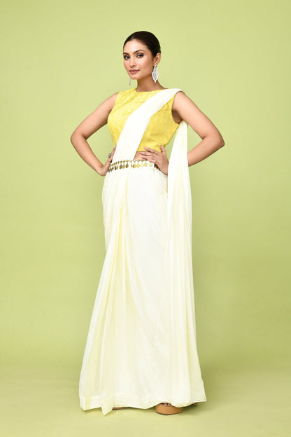 Designer Wear Off White Chinon Chiffon Drape Saree - Simaaya
