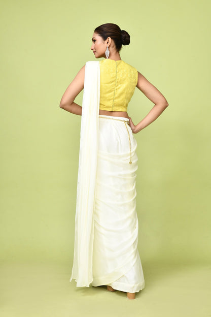 Designer Wear Off White Chinon Chiffon Drape Saree - Simaaya