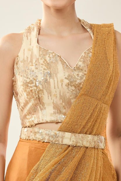 Designer Wear Orange viscose organza Pre - Draped Saree Set - Simaaya