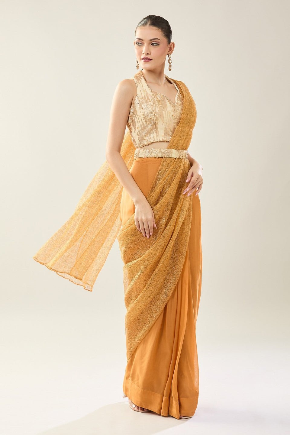 Designer Wear Orange viscose organza Pre - Draped Saree Set - Simaaya