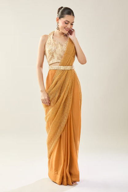 Designer Wear Orange viscose organza Pre - Draped Saree Set - Simaaya