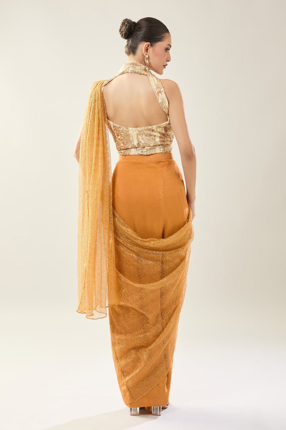 Designer Wear Orange viscose organza Pre - Draped Saree Set - Simaaya