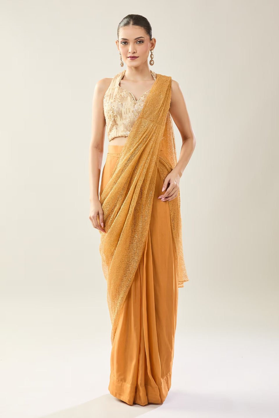 Designer Wear Orange viscose organza Pre - Draped Saree Set - Simaaya