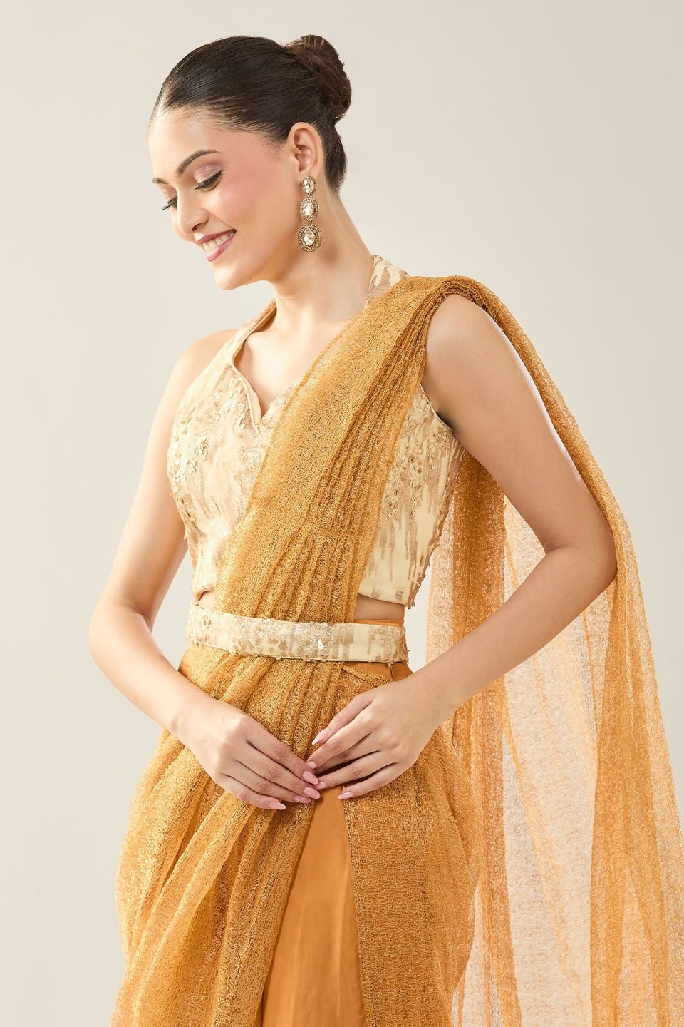 Designer Wear Orange viscose organza Pre - Draped Saree Set - Simaaya