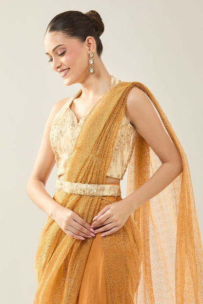 Designer Wear Orange viscose organza Pre - Draped Saree Set - Simaaya