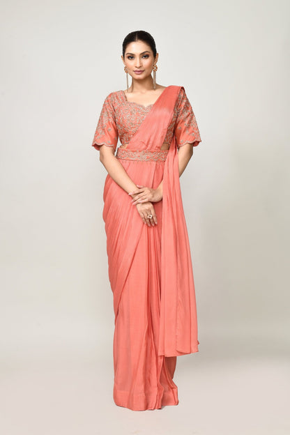 Designer Wear Peach Chinon Chiffon Drape Saree - Simaaya
