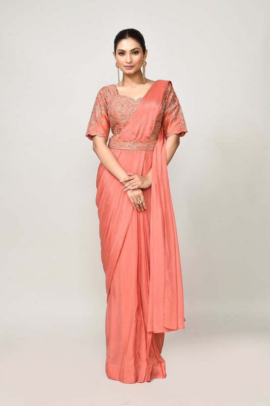 Designer Wear Peach Chinon Chiffon Drape Saree - Simaaya