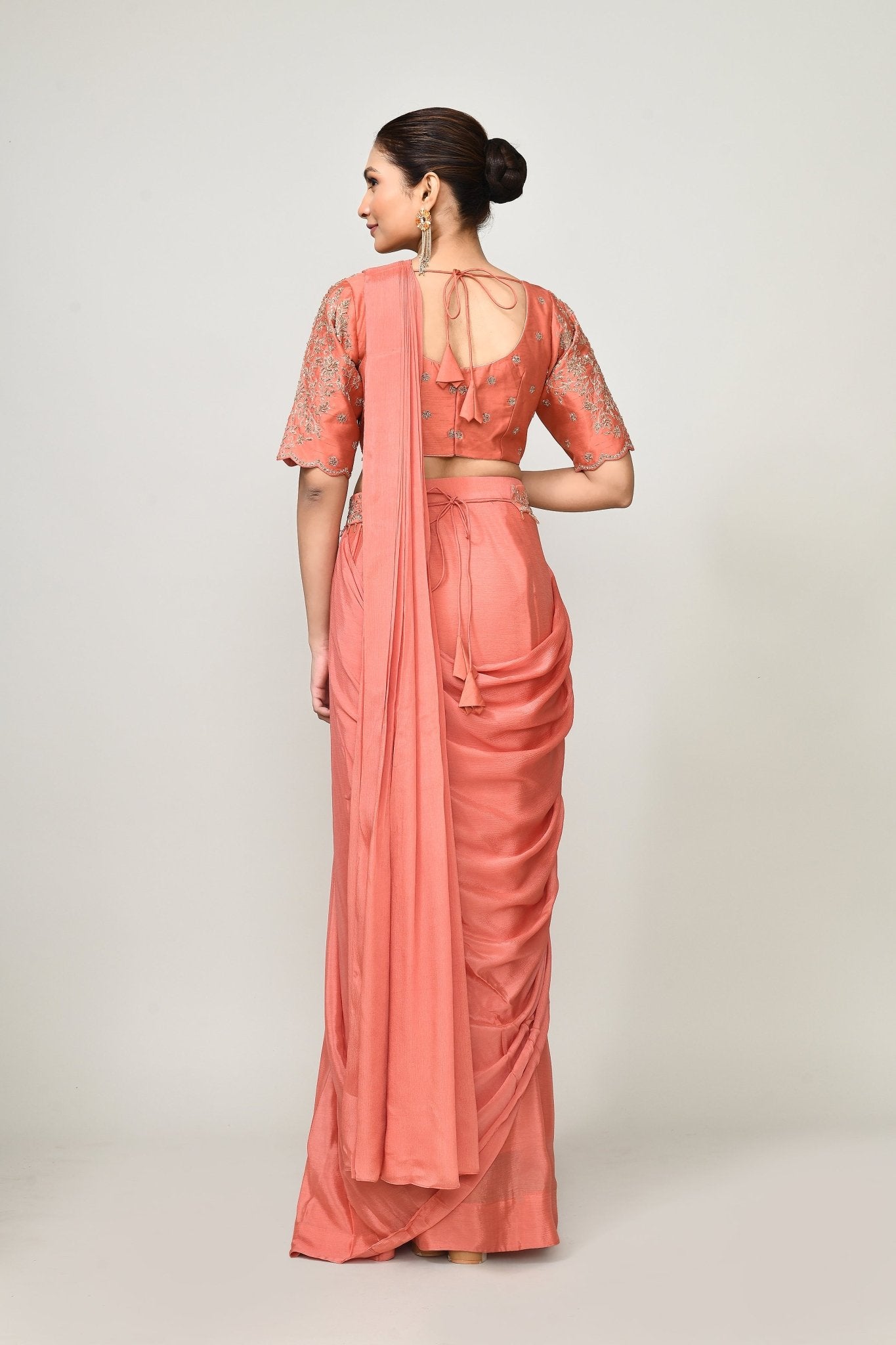 Designer Wear Peach Chinon Chiffon Drape Saree - Simaaya