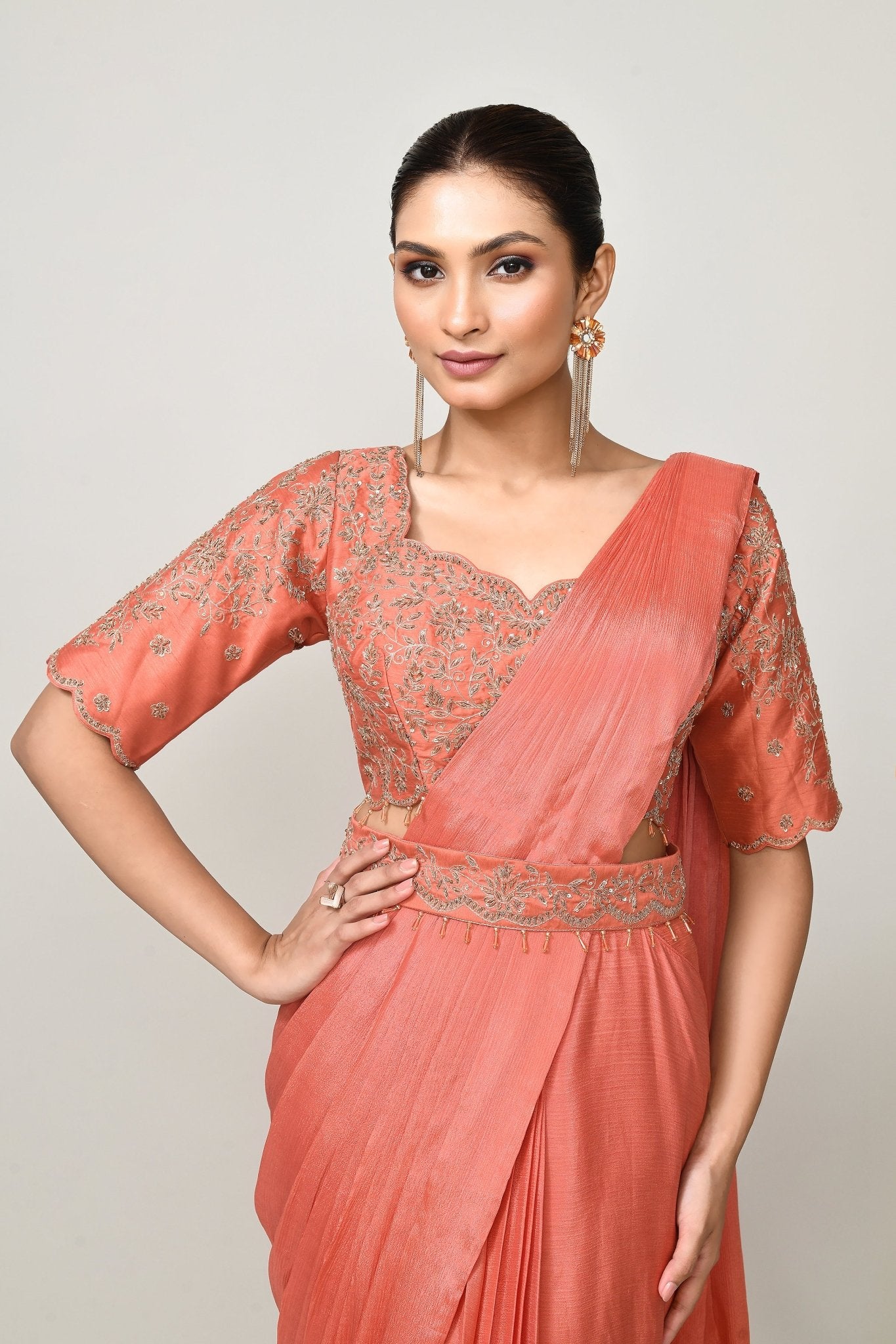 Designer Wear Peach Chinon Chiffon Drape Saree - Simaaya