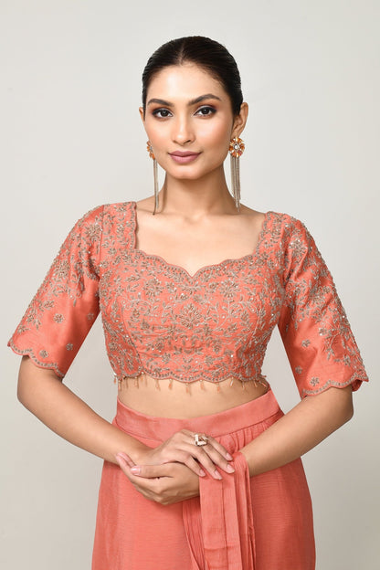 Designer Wear Peach Chinon Chiffon Drape Saree - Simaaya