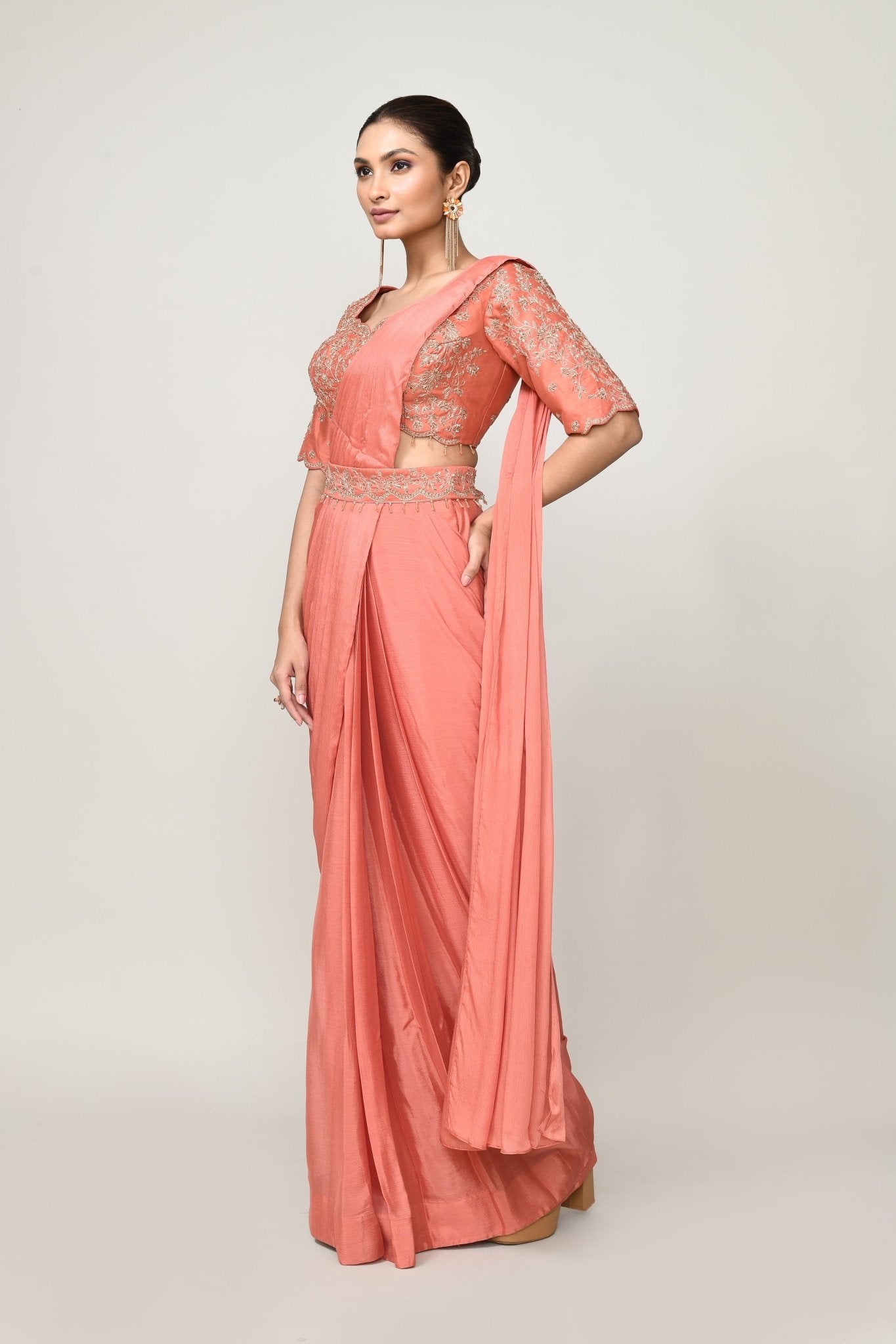 Designer Wear Peach Chinon Chiffon Drape Saree - Simaaya