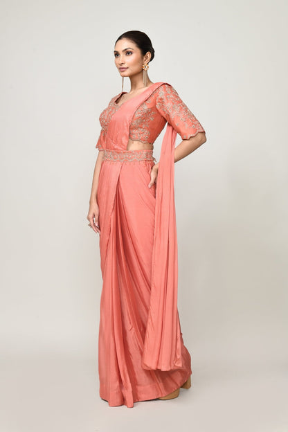 Designer Wear Peach Chinon Chiffon Drape Saree - Simaaya