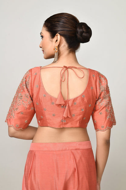 Designer Wear Peach Chinon Chiffon Drape Saree - Simaaya