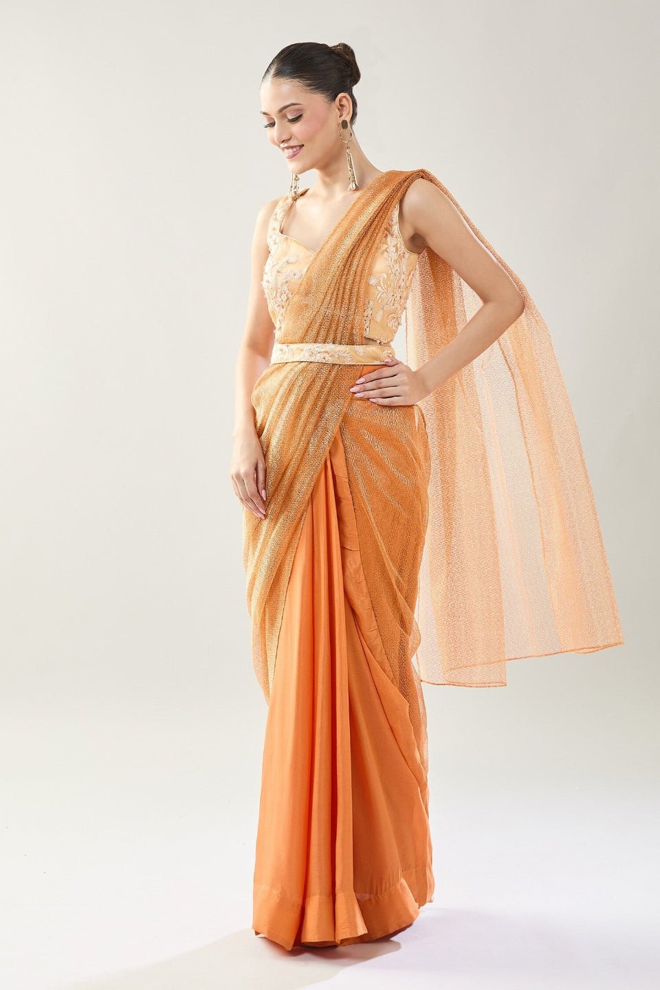 Designer Wear Peach Tissue Net Chinon Drape Saree - Simaaya