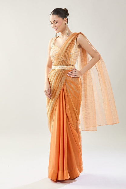 Designer Wear Peach Tissue Net Chinon Drape Saree - Simaaya