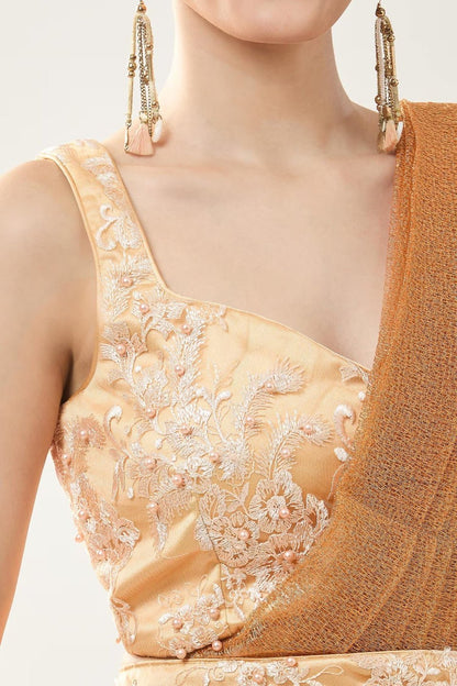 Designer Wear Peach Tissue Net Chinon Drape Saree - Simaaya