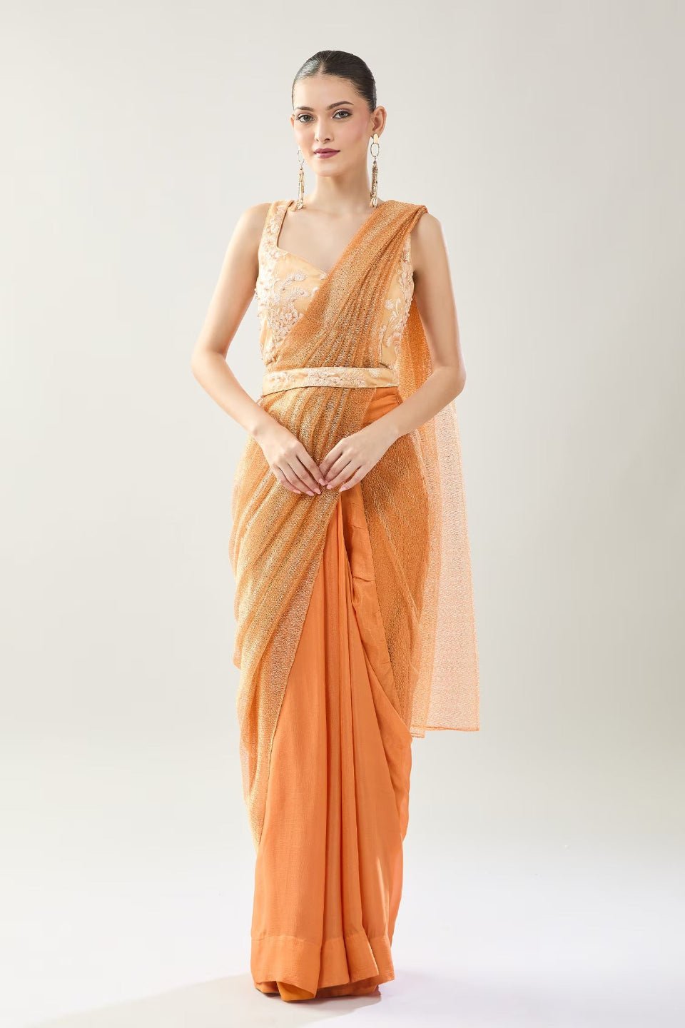 Designer Wear Peach Tissue Net Chinon Drape Saree - Simaaya