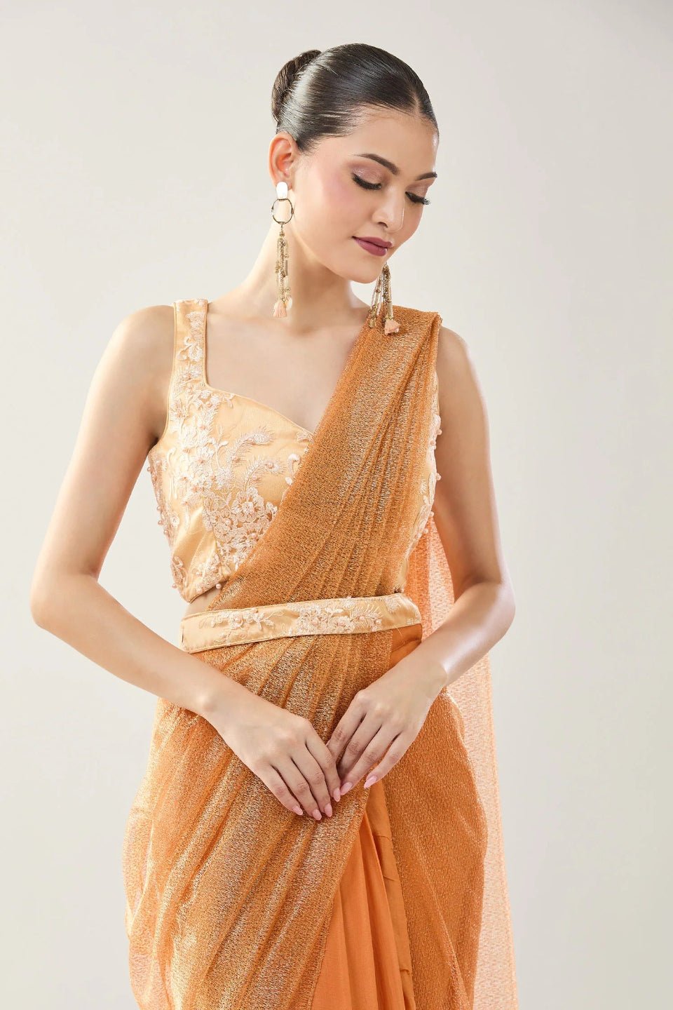 Designer Wear Peach Tissue Net Chinon Drape Saree - Simaaya