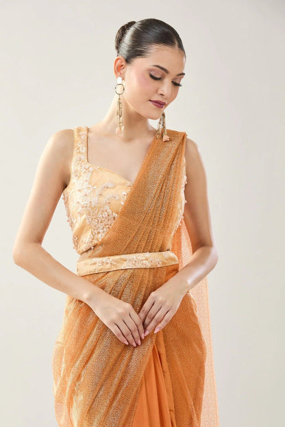 Designer Wear Peach Tissue Net Chinon Drape Saree - Simaaya