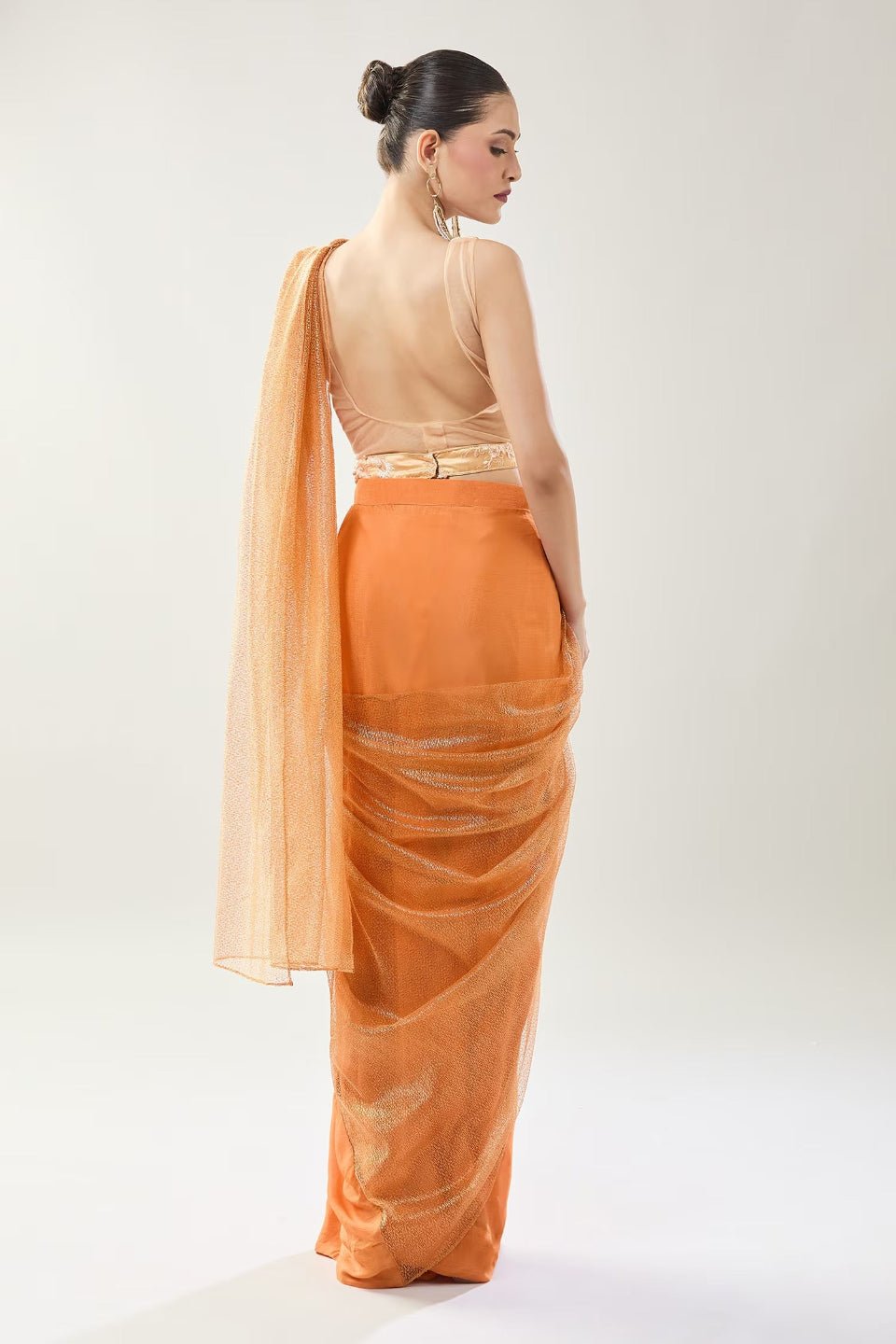 Designer Wear Peach Tissue Net Chinon Drape Saree - Simaaya