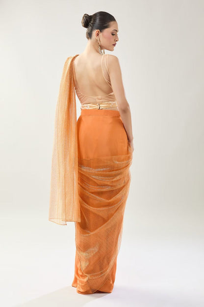 Designer Wear Peach Tissue Net Chinon Drape Saree - Simaaya