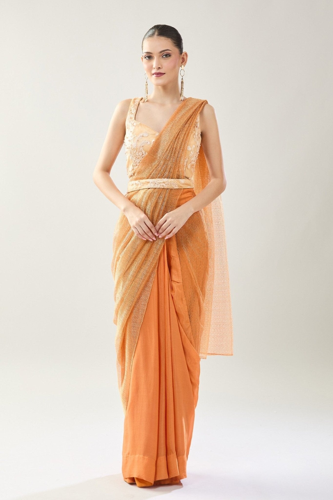 Designer Wear Peach Tissue Net Chinon Drape Saree - Simaaya