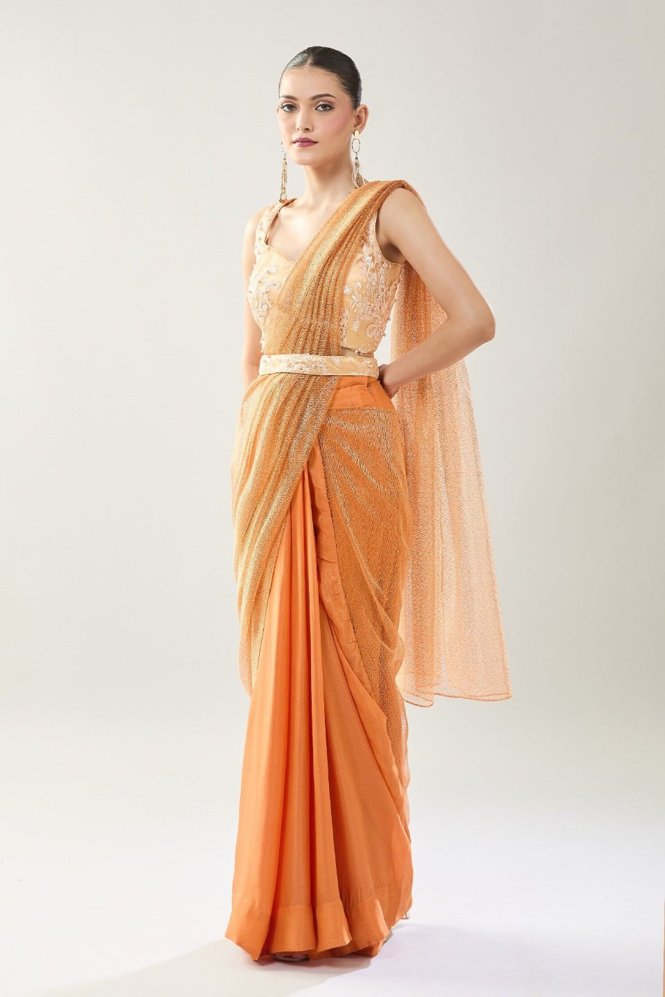 Designer Wear Peach Tissue Net Chinon Drape Saree - Simaaya