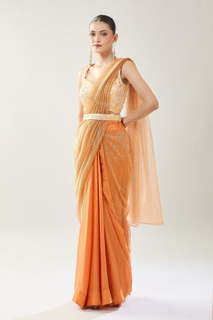Designer Wear Peach Tissue Net Chinon Drape Saree - Simaaya
