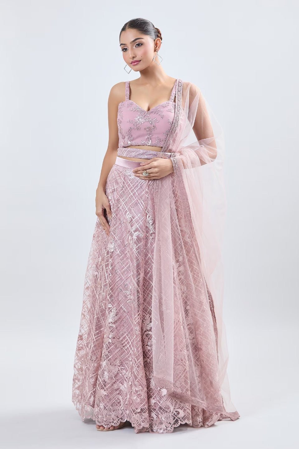 Designer Wear Pink Net Lehenga Set With Dupatta - Simaaya