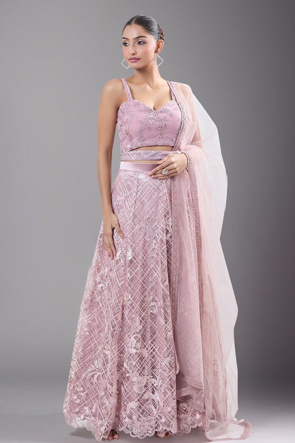 Designer Wear Pink Net Lehenga Set With Dupatta - Simaaya