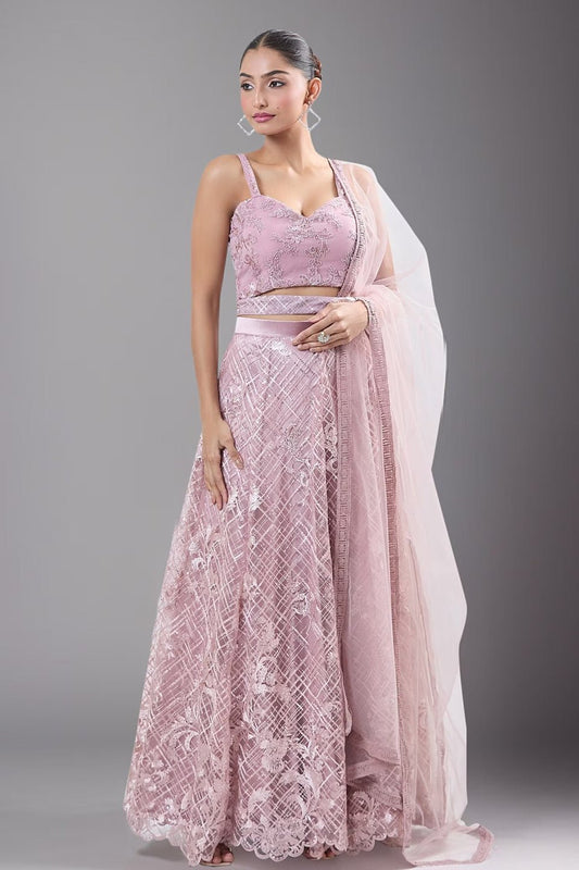 Designer Wear Pink Net Lehenga Set With Dupatta - Simaaya