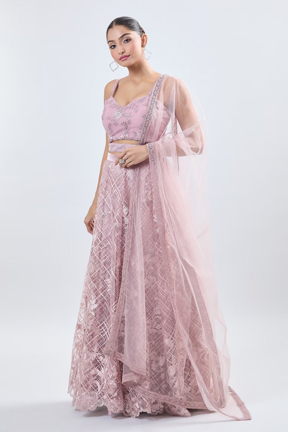 Designer Wear Pink Net Lehenga Set With Dupatta - Simaaya