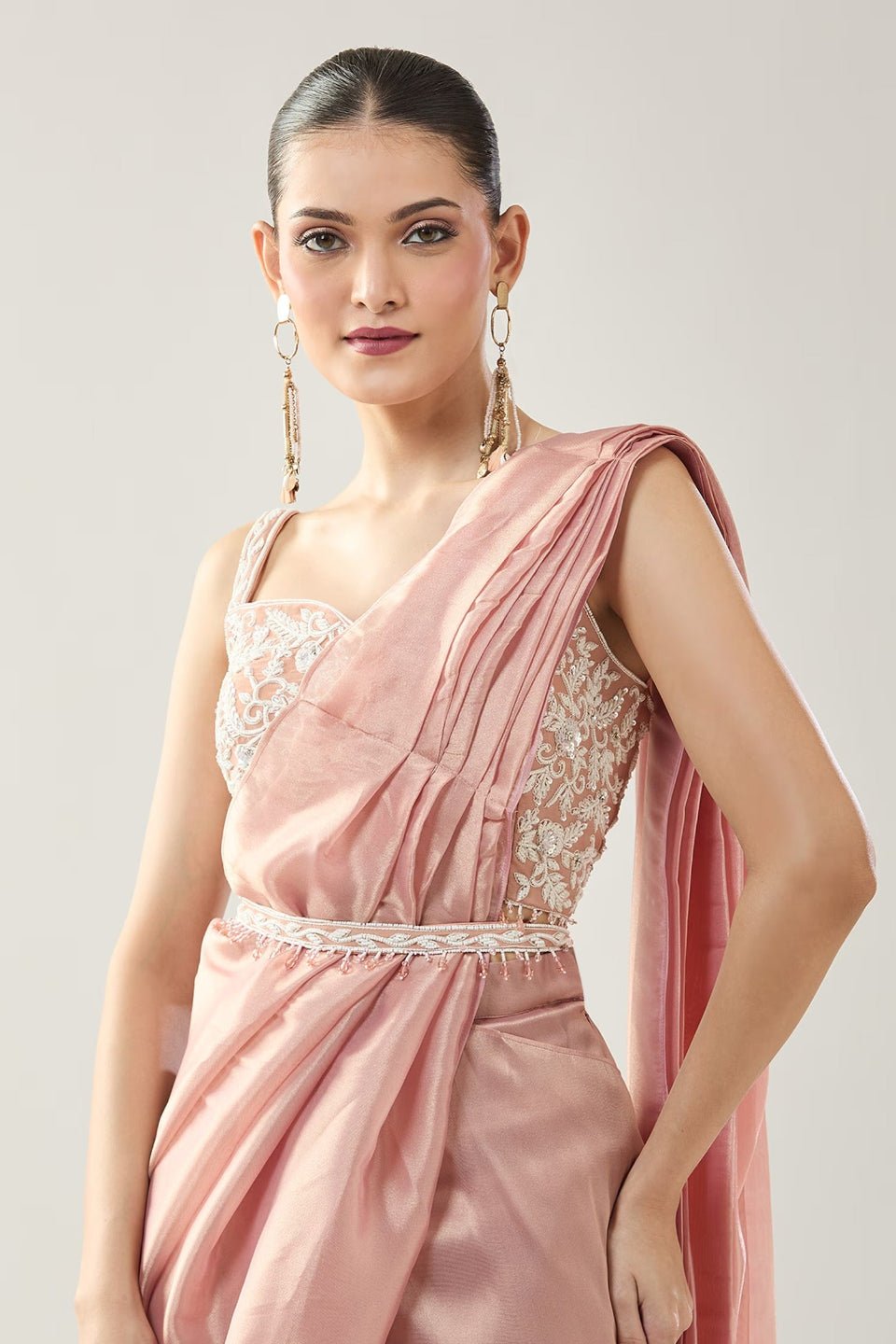 Designer Wear Pink Tissue Drape Saree - Simaaya