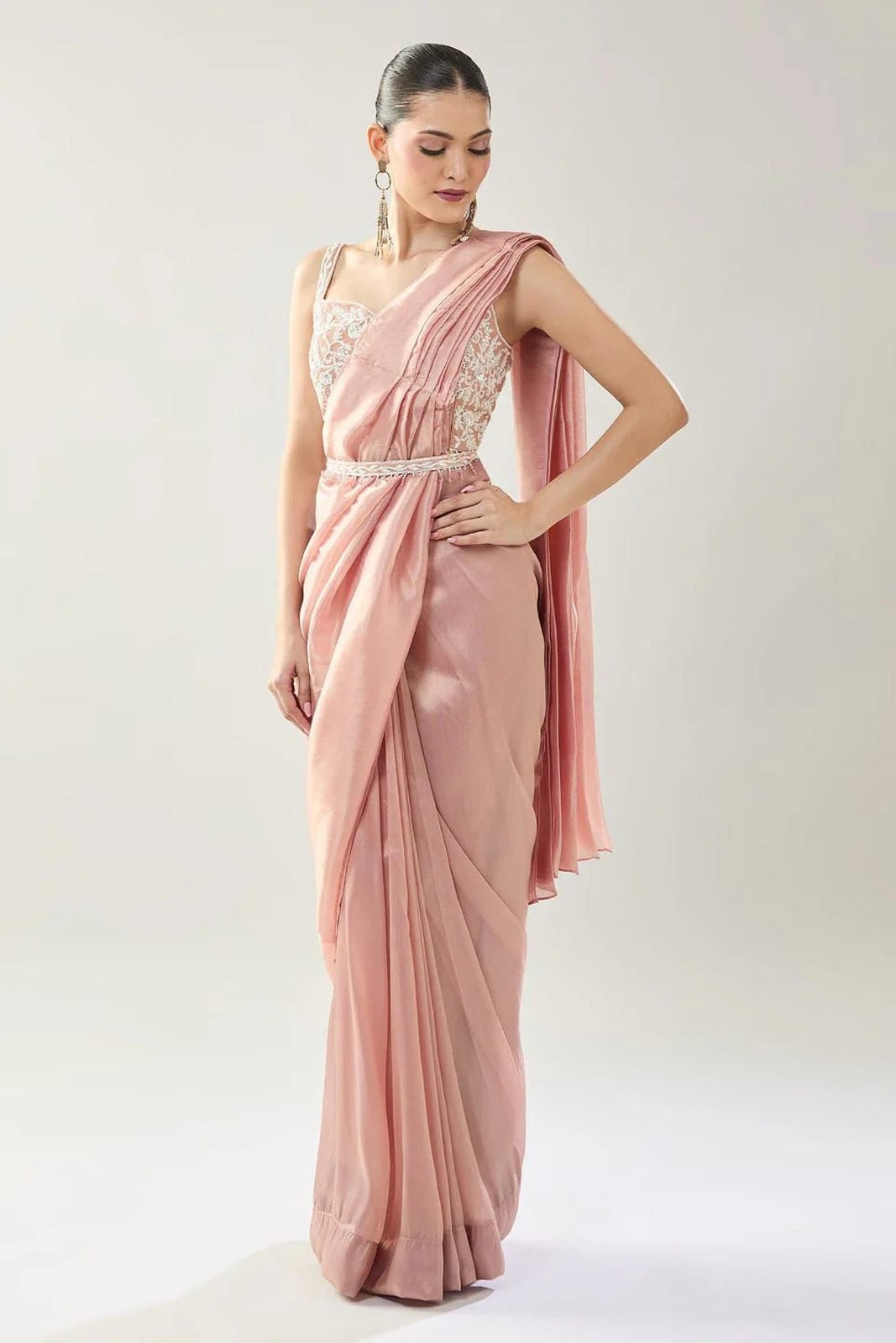 Designer Wear Pink Tissue Drape Saree - Simaaya