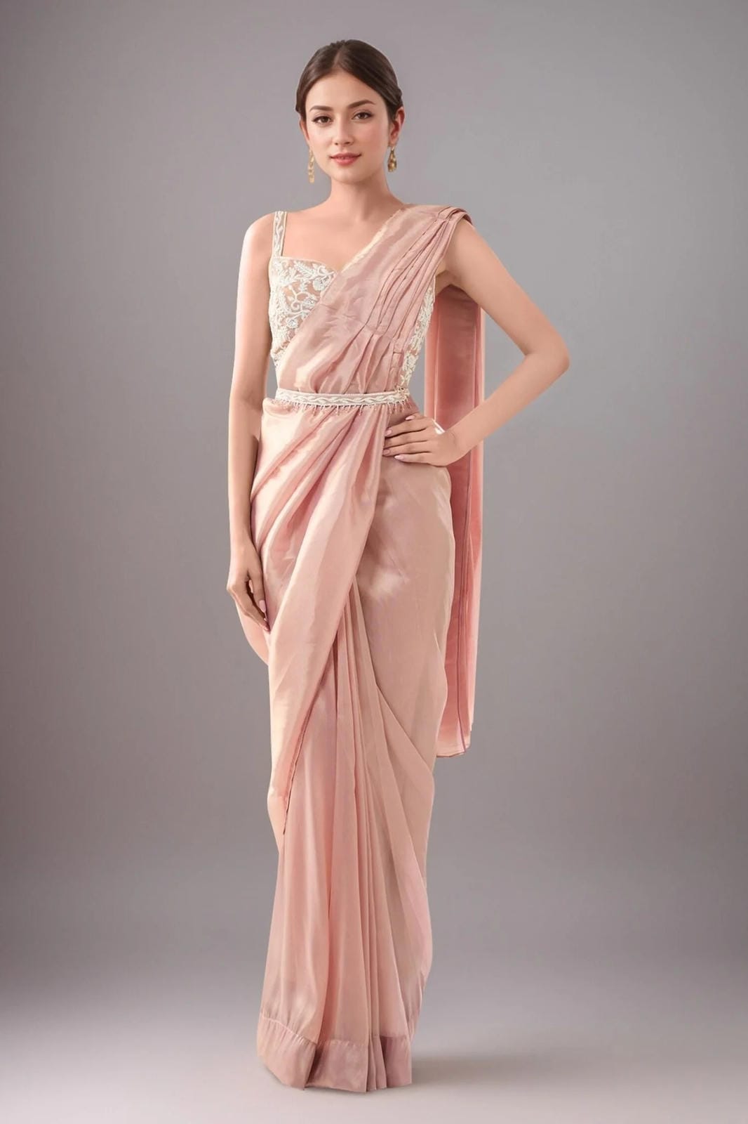 Designer Wear Pink Tissue Drape Saree - Simaaya