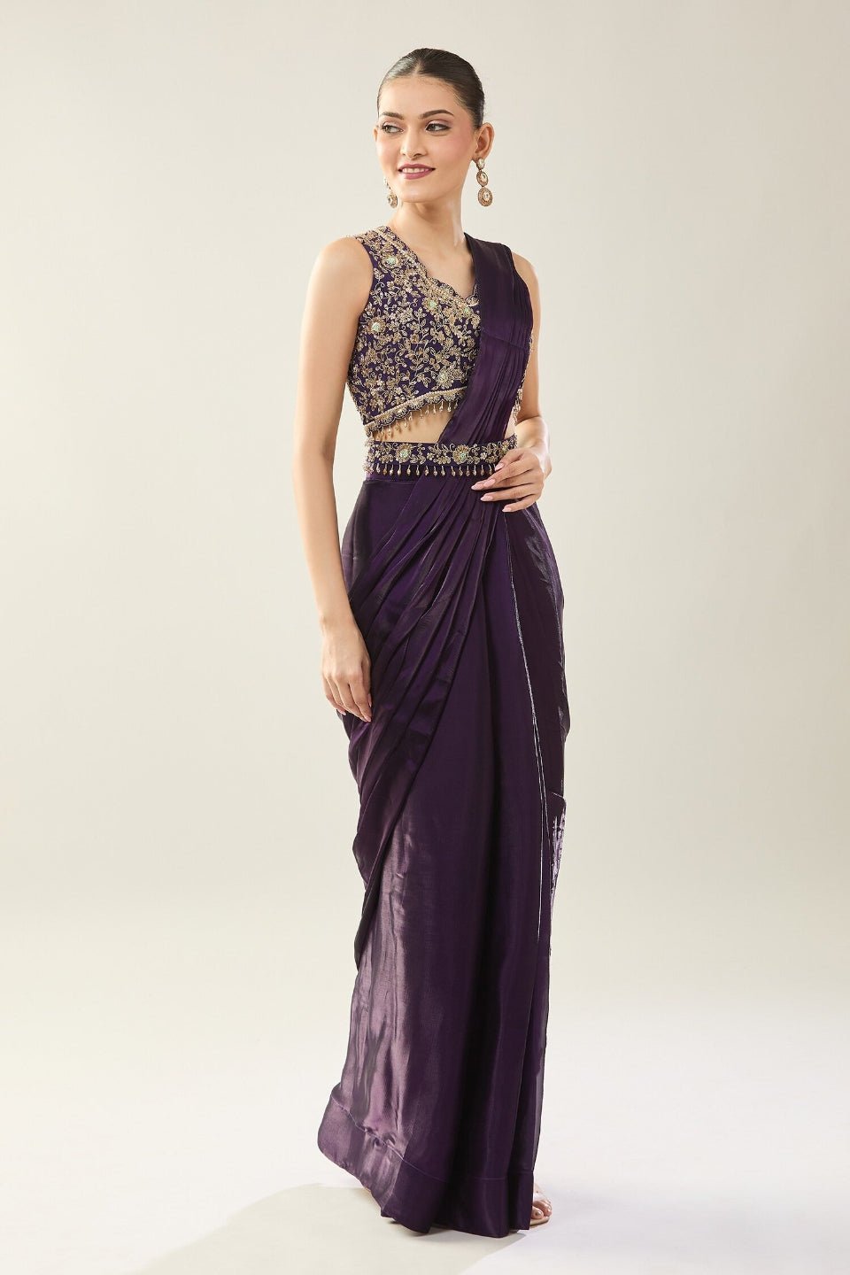 Designer Wear Purple Diamond Silk Drape Saree - Simaaya