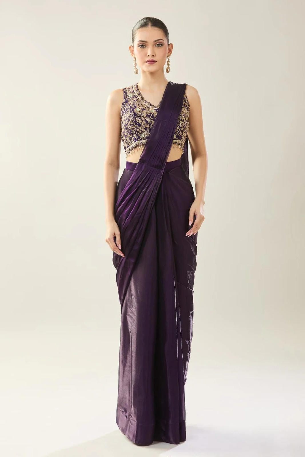 Designer Wear Purple Diamond Silk Drape Saree - Simaaya