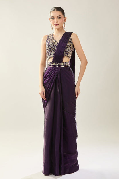 Designer Wear Purple Diamond Silk Drape Saree - Simaaya