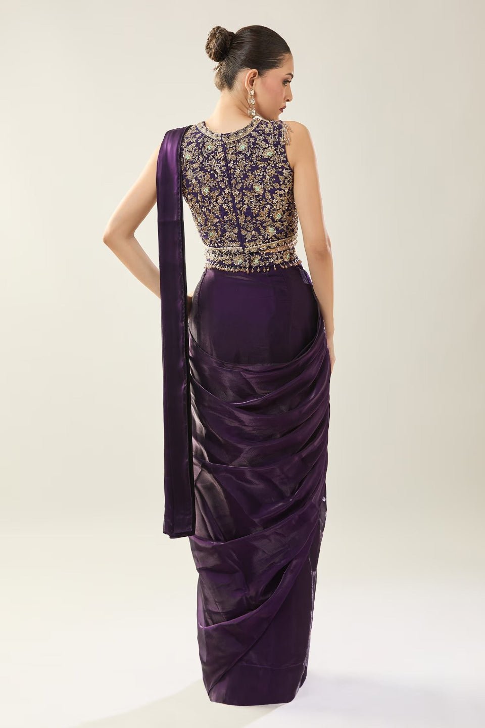 Designer Wear Purple Diamond Silk Drape Saree - Simaaya