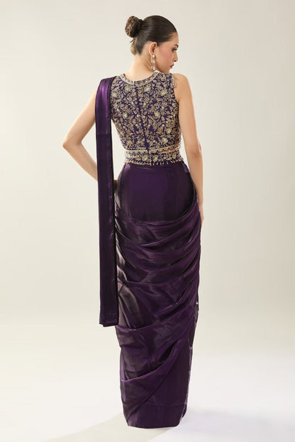 Designer Wear Purple Diamond Silk Drape Saree - Simaaya