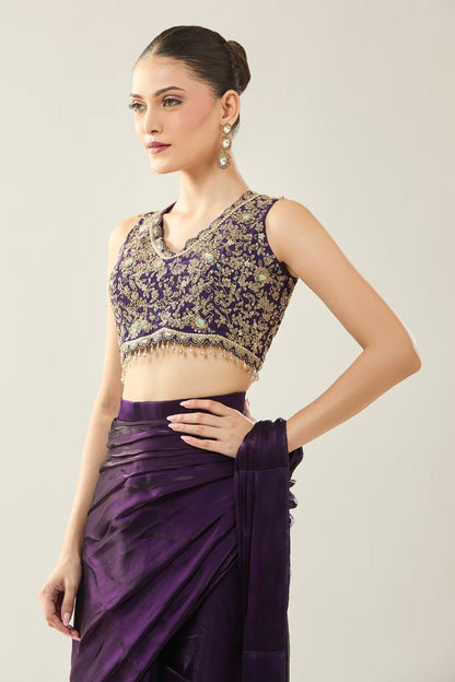 Designer Wear Purple Diamond Silk Drape Saree - Simaaya