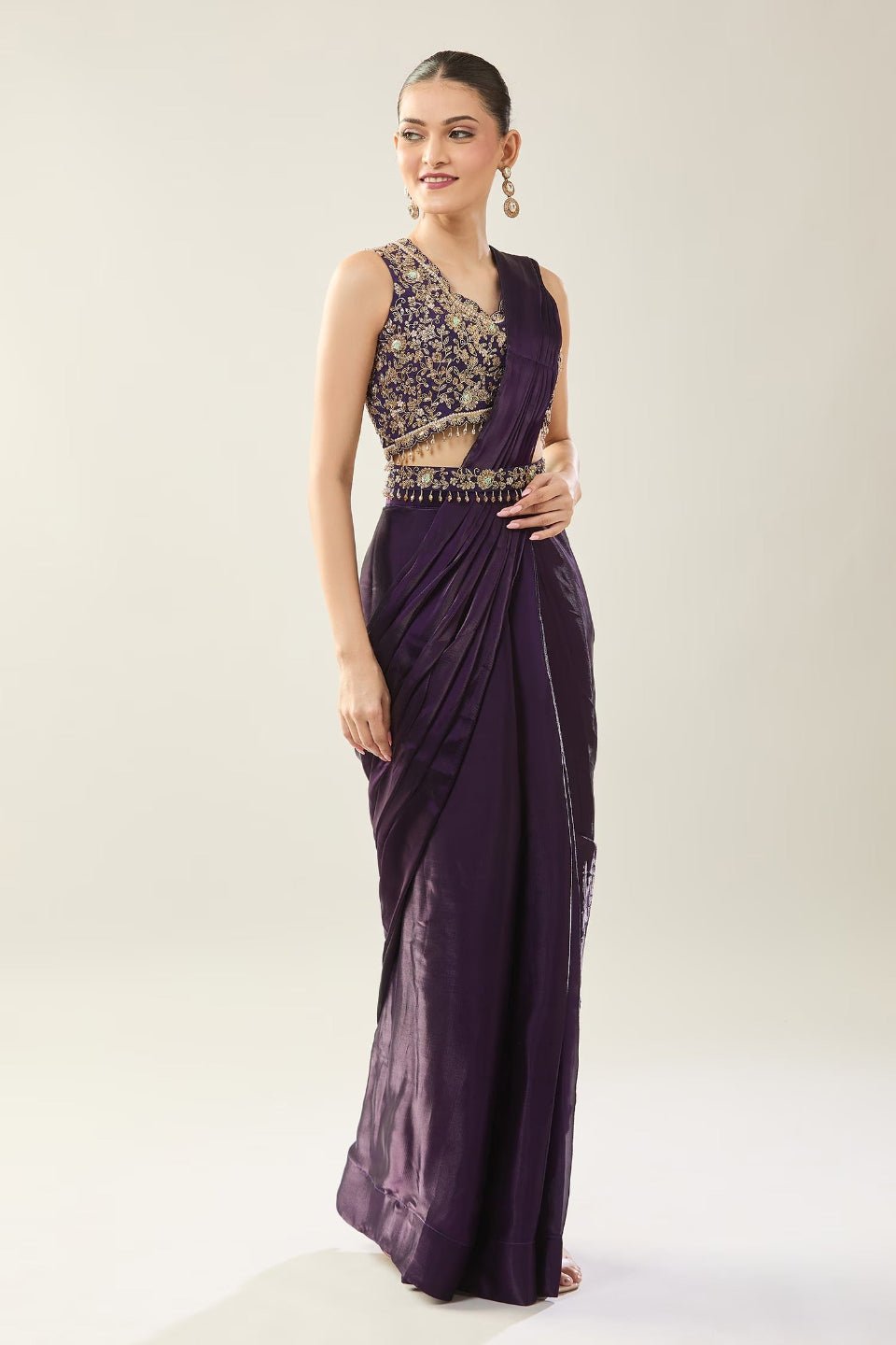 Designer Wear Purple Diamond Silk Drape Saree - Simaaya