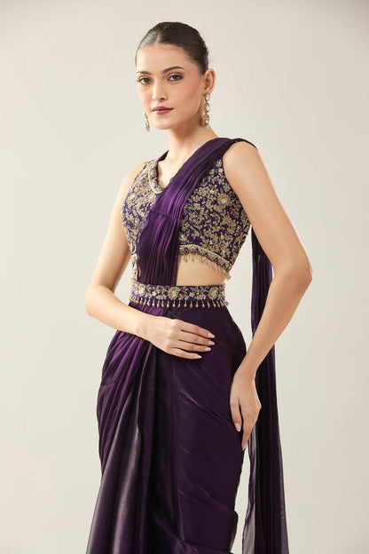 Designer Wear Purple Diamond Silk Drape Saree - Simaaya