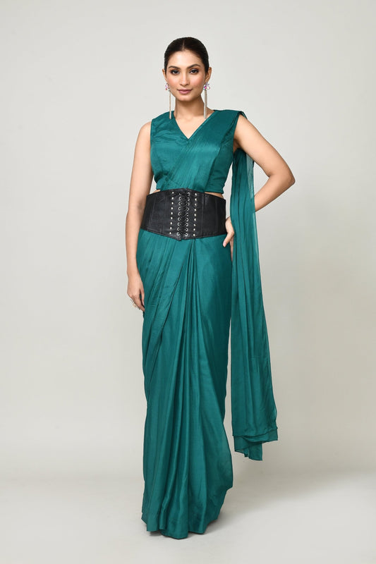 Designer Wear Rama Green Chinon Chiffon Drape Saree - Simaaya