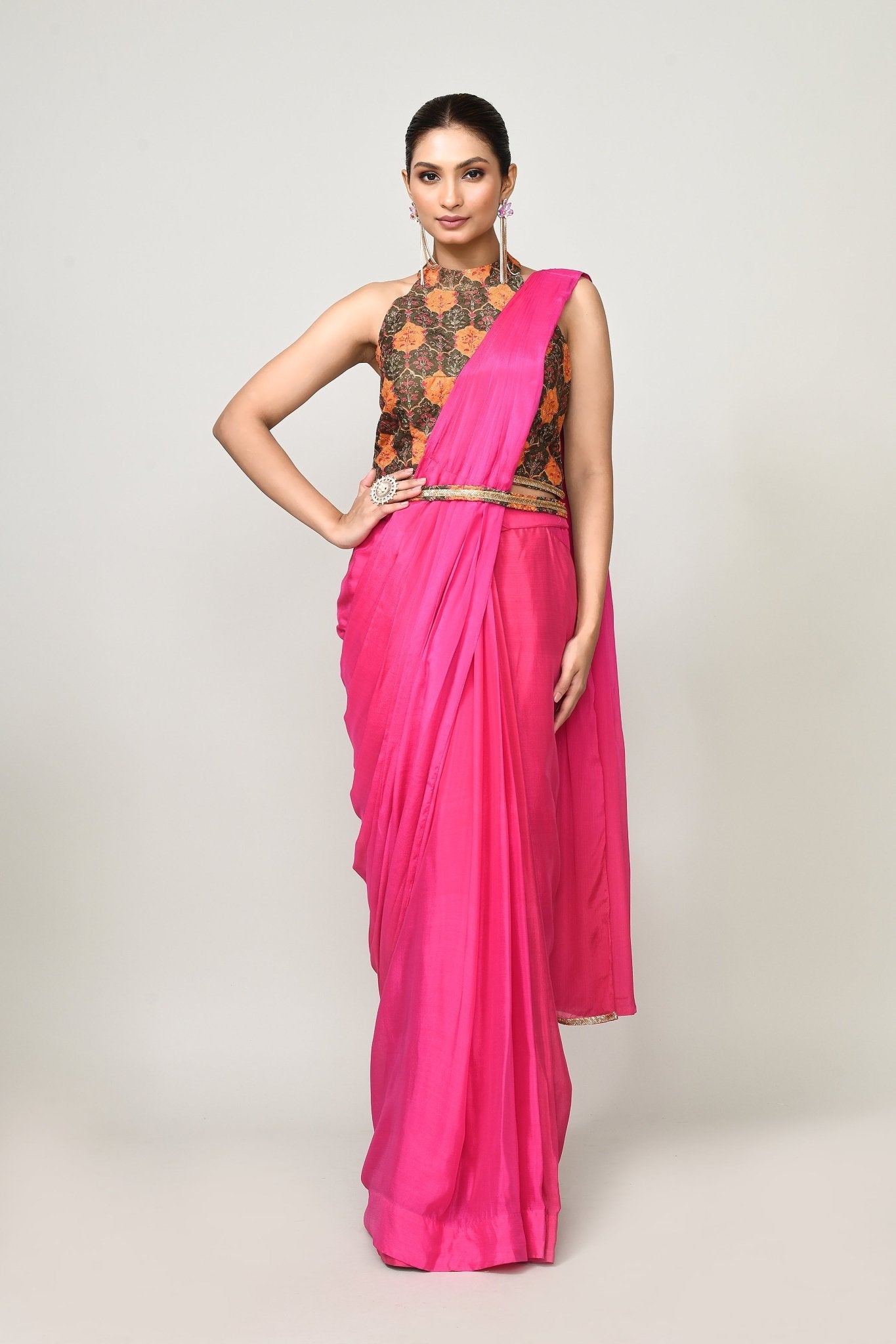 Designer Wear Rani Pink Chinon Chiffon Drape Saree - Simaaya