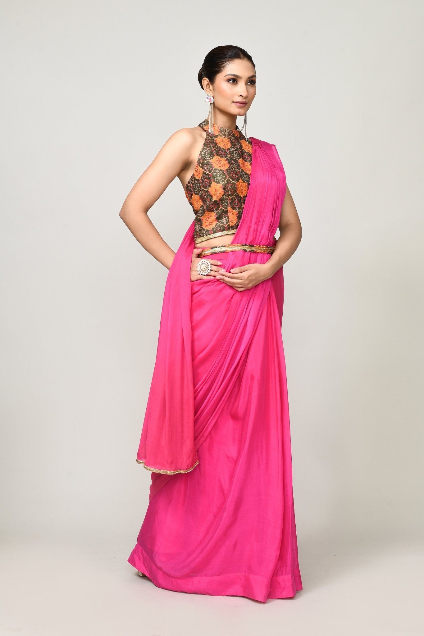 Designer Wear Rani Pink Chinon Chiffon Drape Saree - Simaaya