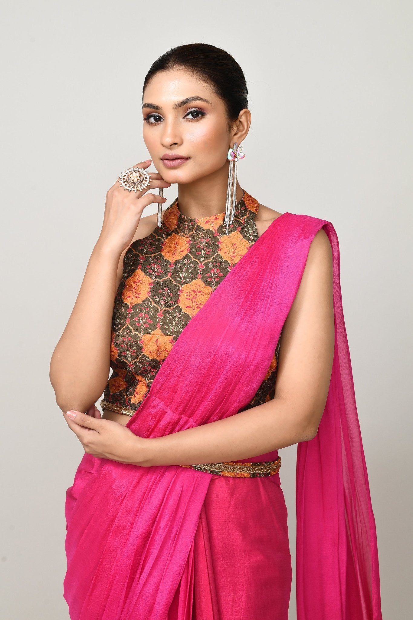 Designer Wear Rani Pink Chinon Chiffon Drape Saree - Simaaya